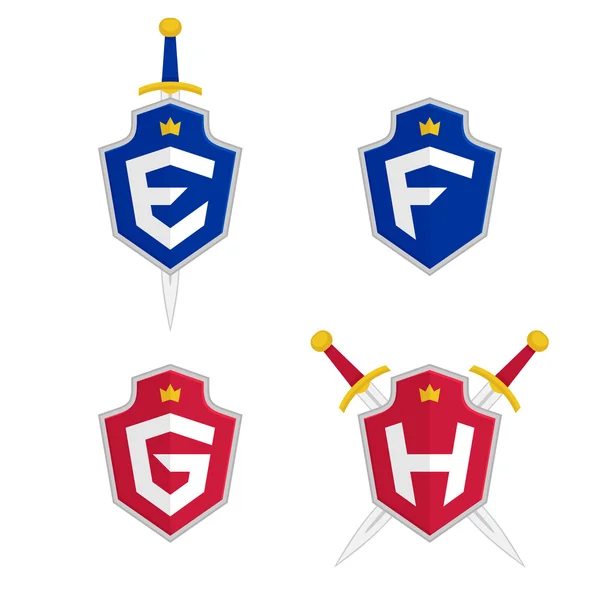 Letra E, F, G, H plantillas de logotipo de vectores. Letra logo con escudo y espada . — Vector de stock