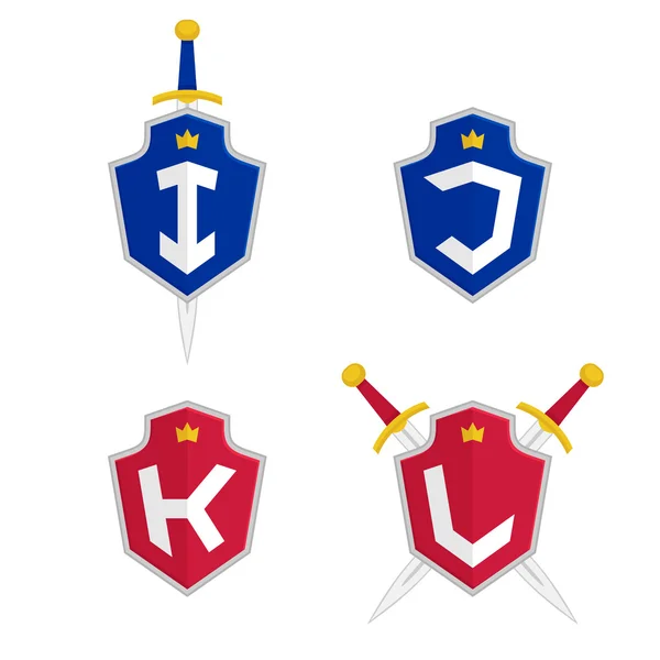 Lettre I, J, K, L modèles de logo vectoriel. Lettre logo avec bouclier et épée . — Image vectorielle