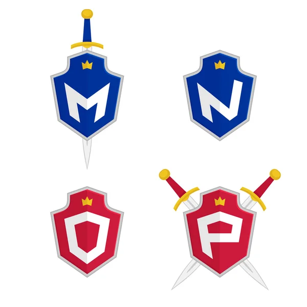 Buchstaben m, n, o, p Vektor-Logo-Vorlagen. Schriftzug mit Schild und Schwert. — Stockvektor