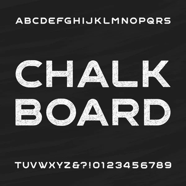 Chalkboard alphabet vector font. Distressed letters and numbers on a chalkboard background. — Stock Vector