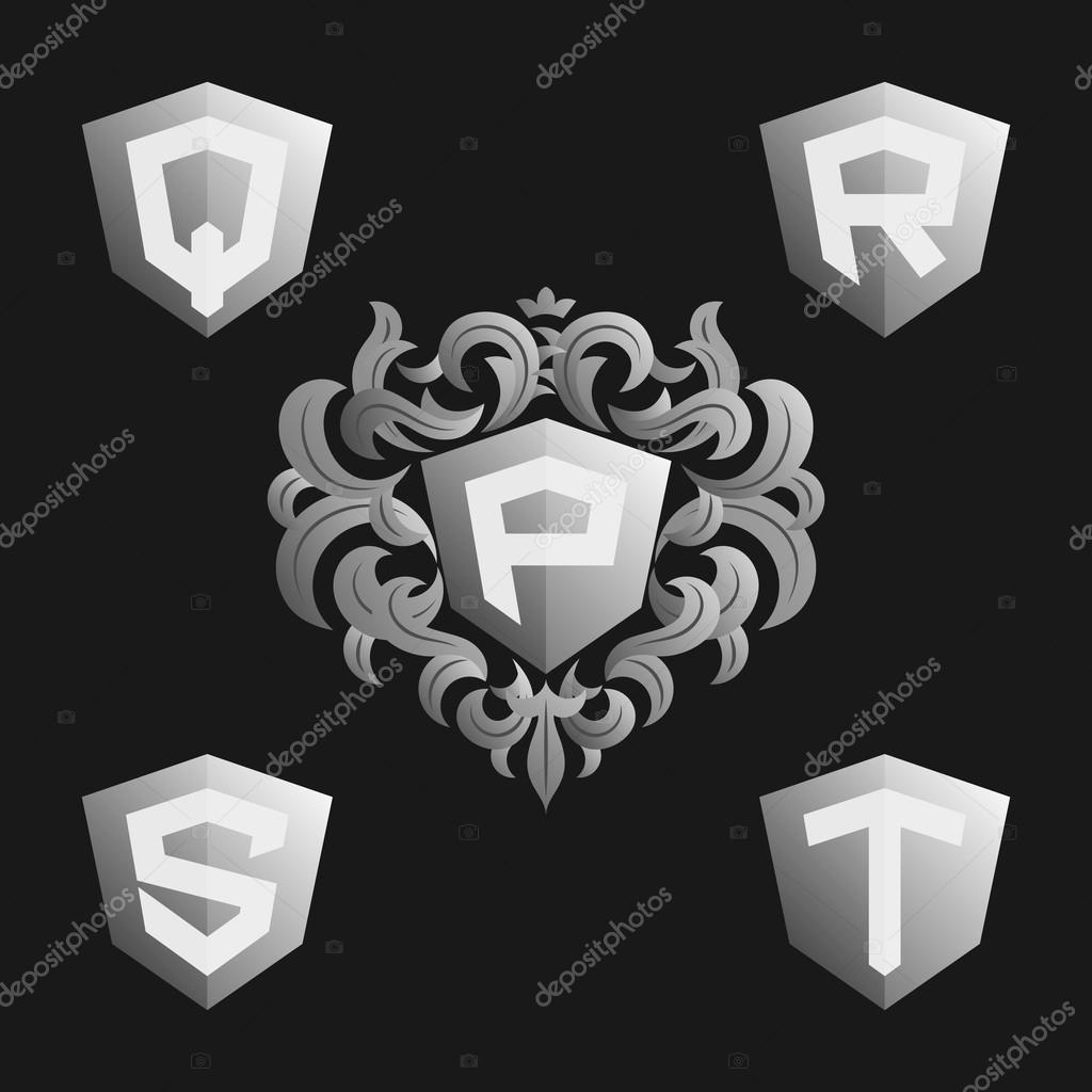 Decorative Ornate monogram emblem template. Stylish set of vector monograms. Silver shield with crown and letters from P to T.