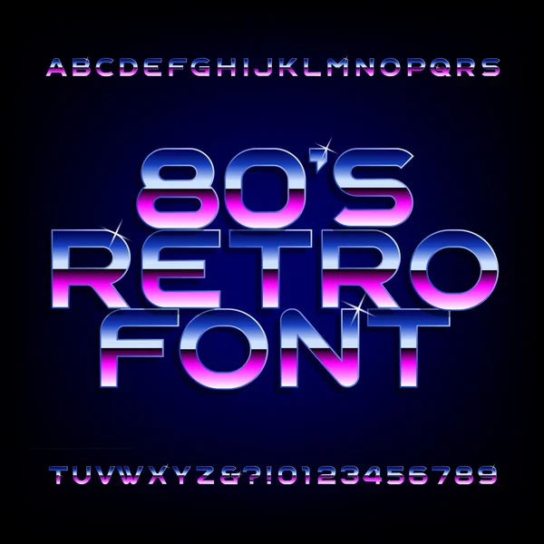 80's retro alphabet font. Metallic effect shiny letters and numbers. — Stock Vector