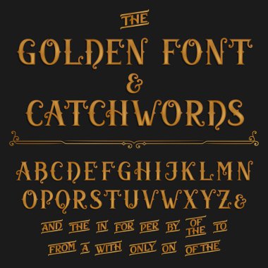 Vintage alphabet vector font with catchwords. Golden ornate letters. clipart
