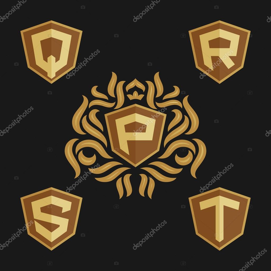 Decorative ornate monogram emblem template. Set of vector monogram. Vector sign. Shield with crown and letters from P to T.