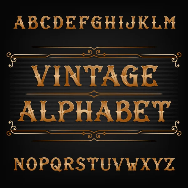 Jahrgangsbuchstabenvektorschrift. Verzierte Buchstaben in goldener Farbe. — Stockvektor