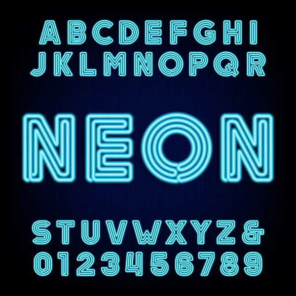 Alfabeto de tubo de neón azul retro. Tipo letras y números . — Vector de stock