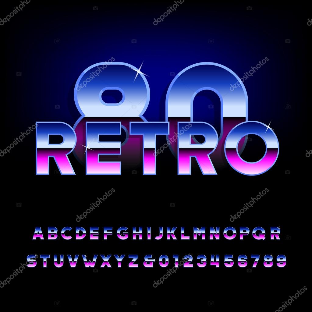 80 's retro alphabet font. Efecto metálico letras y números brillantes . Stock Vector by
