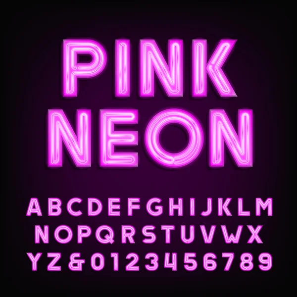 Fonta alfabet tabung neon pink. Ketik huruf dan angka pada latar belakang gelap . - Stok Vektor