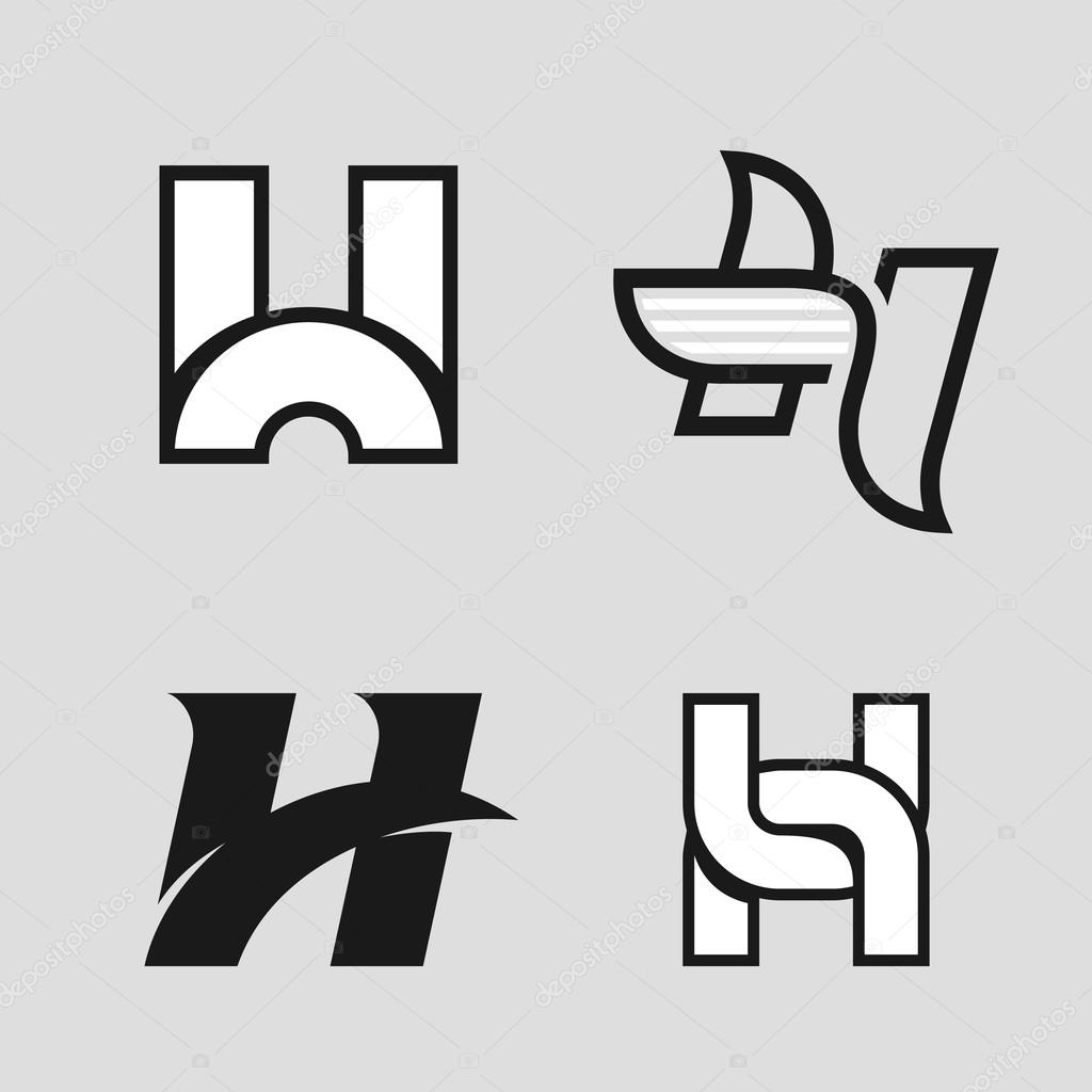 The set of letter H sign, logo, icon design template elements. Black and white colors. Stock vector.