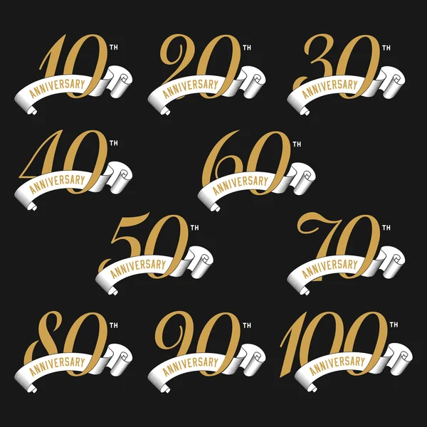 L'ensemble des signes d'anniversaire du 10ème au 100ème avec des rubans . — Image vectorielle