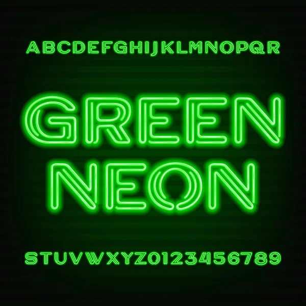 Fuente Neon tube alphabet. Letras y números de tipo verde sobre un fondo oscuro . — Vector de stock