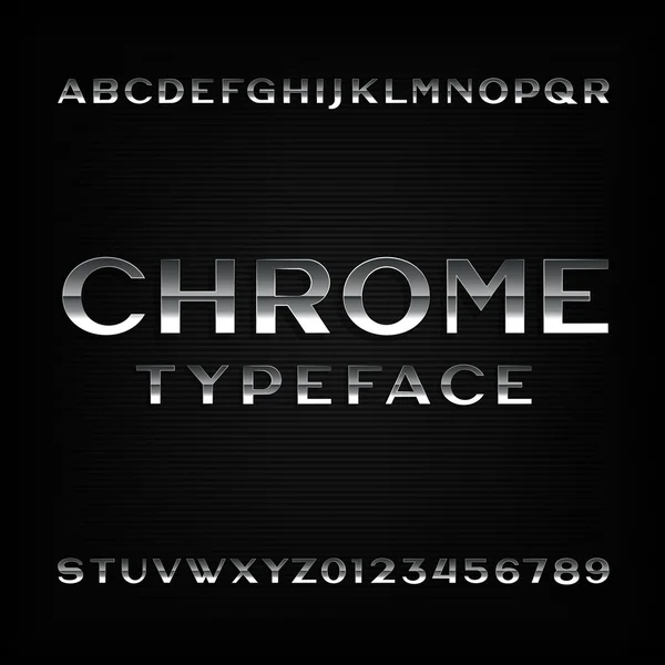 Chrome alphabet font. Metallic effect letters and numbers. — Stock Vector