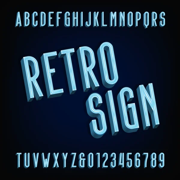 Neon retro sign alphabet font. Volumetric type letters and numbers. — Stock Vector