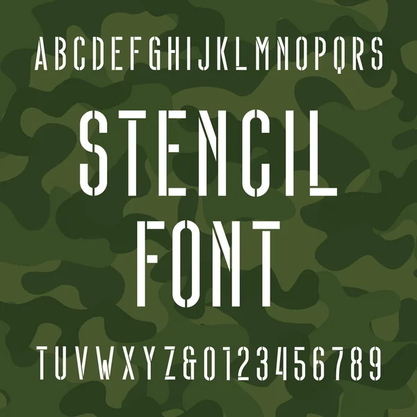 Stencil alphabet font. Type letters and numbers on camo background. — Stock Vector