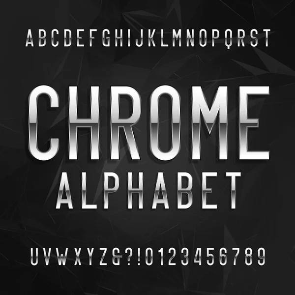 Fuente de alfabeto Chrome. Efecto metálico letras y números sobre un fondo poligonal oscuro . — Vector de stock