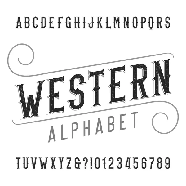 Western-style retro alfabet lettertype. Verontruste serif type letters, cijfers en symbolen. — Stockvector