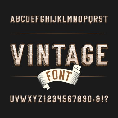 Vintage vahşi batı alfabesi yazı tipi. Sıkıntılı etkisi harfler ve sayılar karanlık bir arka plan üzerinde.