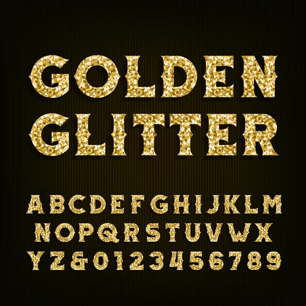 Schrift mit goldenem Glitzerbuchstaben. Buchstaben und Zahlen im Retro-Stil. — Stockvektor