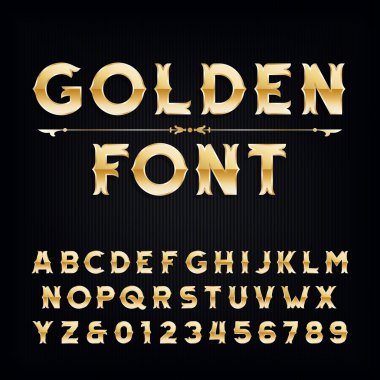 Altın vintage alfabe yazı tipi. Metalik etkisi harfler ve sayılar.