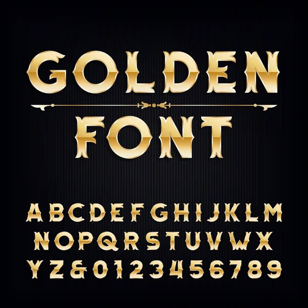Golden vintage alphabet font. Metallic effect letters and numbers. — Stock Vector