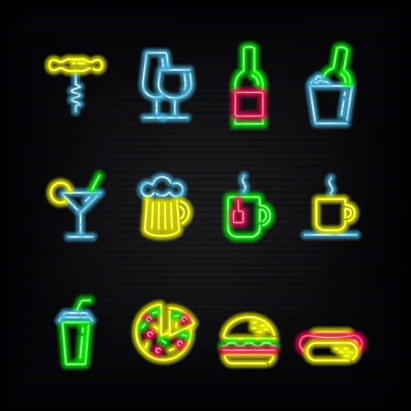 Neon symbols of different beverages and fast food — Stock Vector