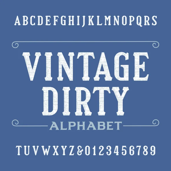 Schmutzige Vintage-Alphabet-Schrift. verzweifelte Serifenbuchstaben und Zahlen. — Stockvektor