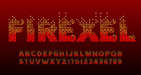 Schrift Für Firexel Alphabet Pixel Flammenbuchstaben Zahlen Und Symbole 80Er — Stockvektor