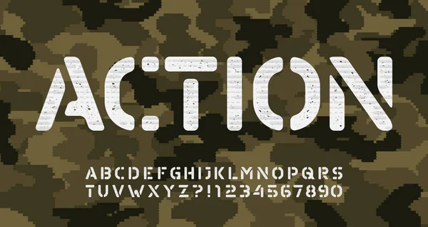 Γραμμή Αλφαβήτου Δράσης Γράμματα Και Αριθμοί Τύπου Stencil Φόντο Camo — Διανυσματικό Αρχείο