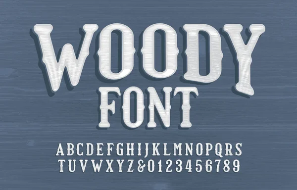 Woody Alfabet Lettertype Vintage Getextureerde Letters Cijfers Houten Achtergrond Vector — Stockvector