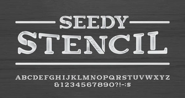 Seedy Stencil Alphabet Font Scratched Vintage Letters Numbers Wooden Background — Stock Vector