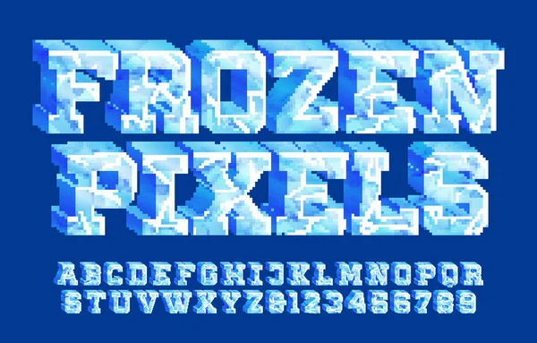 Donmuş Pikseller Alfabe Yazı Tipi Boyutlu Buz Harfleri Sayılar Lerin — Stok Vektör