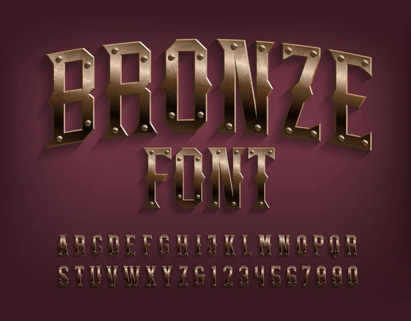 Bronzen Alfabet Lettertype Beveled Metallic Letters Cijfers Met Schroeven Voorraad — Stockvector