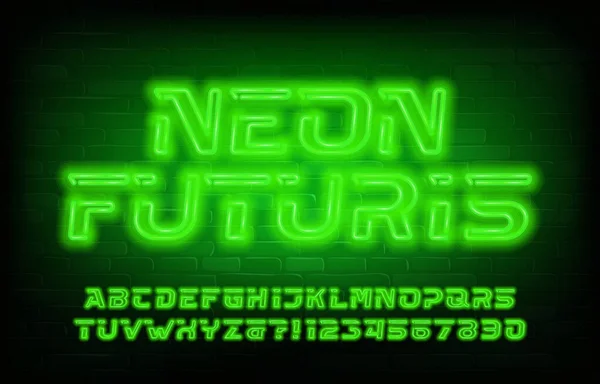 Neon Futuris Alfabetstypsnitt Gröna Neon Futuristiska Bokstäver Och Siffror Tegelvägg — Stock vektor