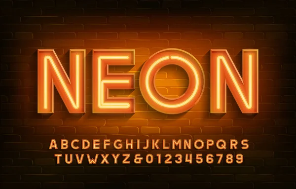 Alfabet Neonowy Neonowe Litery Cyfry Cegła Tle Pismo Wektorowe Dla — Wektor stockowy