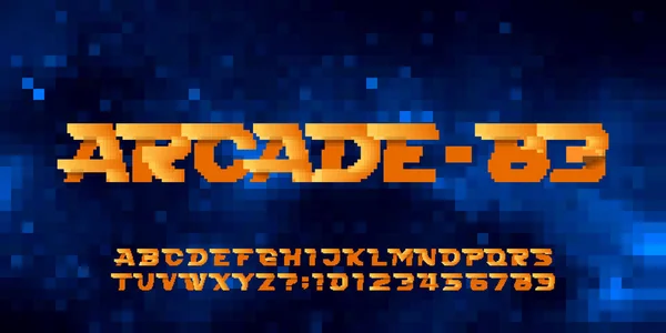 Arcade Alphabet Font Pixel Letters Numbers Symbols Space Pixel Background —  Vetores de Stock