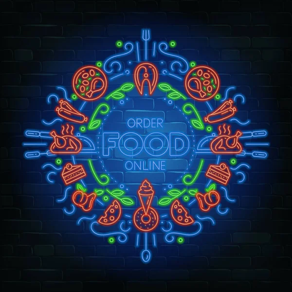 Food Online Neon Işığı Sipariş Tuğla Arka Planda Farklı Market — Stok Vektör