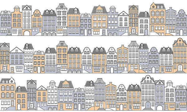 Διάνυσμα Αδιάλειπτη Φόντο Townhouses Ευρωπαϊκό Στυλ Χειροποίητα Σπίτια Ρετρό Χρώματα — Διανυσματικό Αρχείο