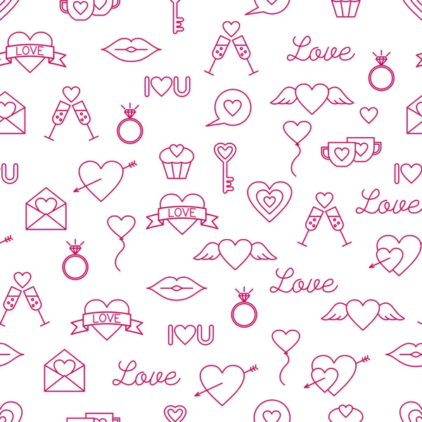 Día San Valentín Fondo Sin Fisuras Conjunto Iconos Contorno Amor — Vector de stock