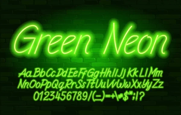 Fonte Alfabeto Neon Verde Script Letras Cor Néon Números Símbolos — Vetor de Stock