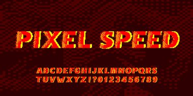 Piksel Hızı alfabesi yazı tipi. Hızlı rüzgar etkisi harfler ve sayılar. 80 'lerin video oyunu yazı tipi.