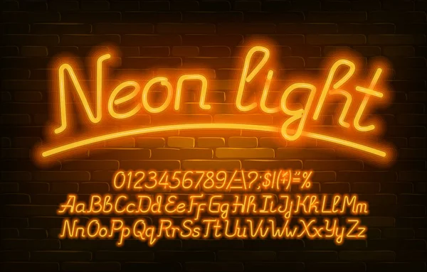 Caratteri Alfabetici Neon Light Lettere Numeri Simboli Gialli Neon Maiuscole — Vettoriale Stock