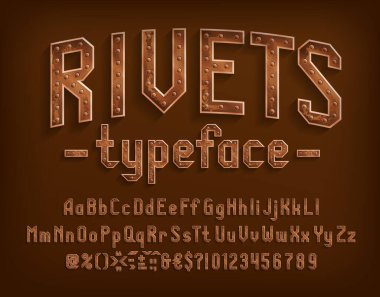 Rivets alphabet font. Steampunk letters, numbers and punctuation. Uppercase and lowercase. Stock vector typescript for your design. clipart