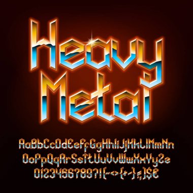 Heavy Metal alfabe yazı tipi. Hard rock tarzında parlak harfler, sayılar ve noktalama işaretleri. Büyük ve küçük harf. Tipografi dizaynınız için Retro yazı tipi.