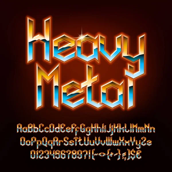Heavy Metal alfabe yazı tipi. Hard rock tarzında parlak harfler, sayılar ve noktalama işaretleri. Büyük ve küçük harf. Tipografi dizaynınız için Retro yazı tipi.