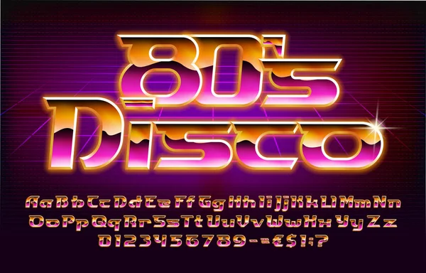 80S Disco Alphabet Font Glowing Letters Numbers Punctuations 80S Style — Stock Vector