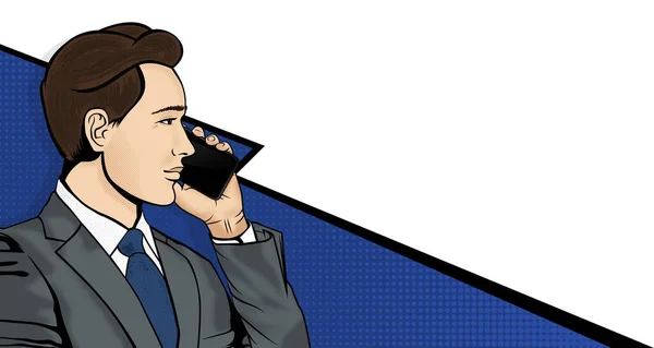 Pop Art Business Suite Parle Téléphone Homme Costume Affaires Avec — Image vectorielle