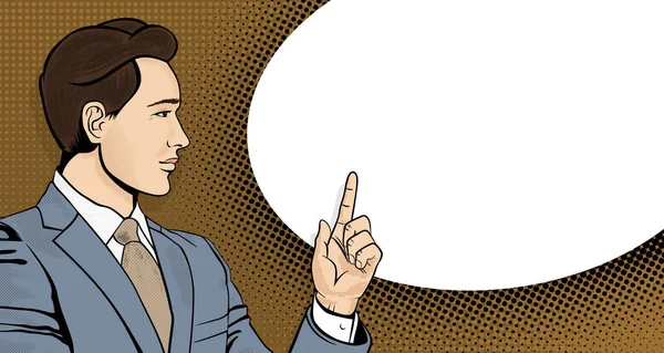 Бизнесмен Поп Арта Показывает Пальцем Человек Деловом Костюме Речевым Пузырем — стоковый вектор