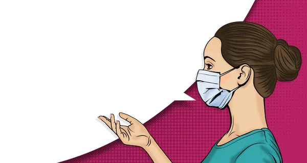 의료용 마스크를 여성의 얼굴의 모습이다 스타일로 말풍선을 반음계 의료용 로열티 프리 스톡 벡터