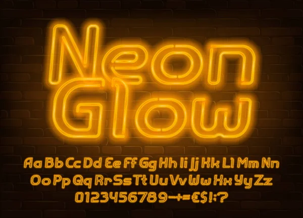 Schrift Neon Glow Gelbe Leuchtbuchstaben Zahlen Und Satzzeichen Groß Und — Stockvektor