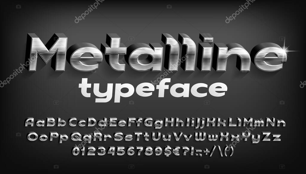 Metalline alphabet font. 3D metal letters, numbers and punctuation with shadow. Stock vector typeface for your typography design.